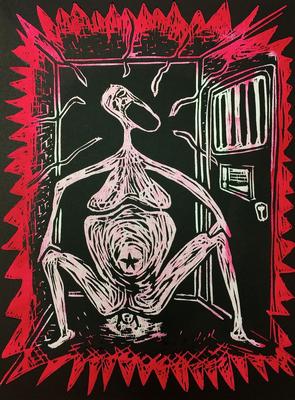Anne Drager: Birth_in_Jail (woodcut, 12 x 16)