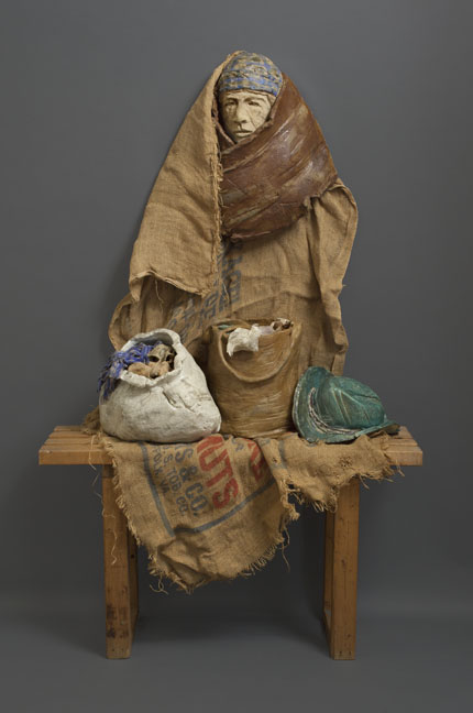 ONCE UPON A TIME (1989) clay, wood, burlap, 63 in. x 48 in. x 14 in.